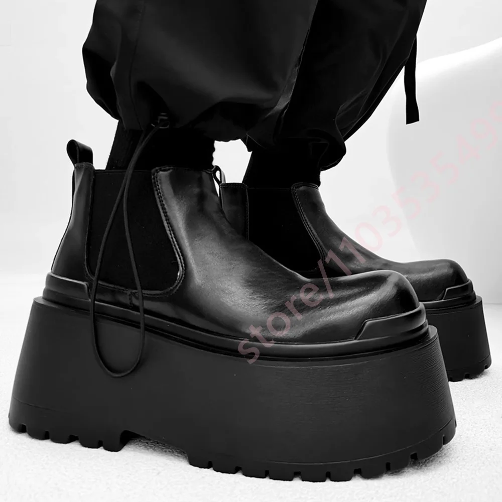 Men Black Platform Chelsea Boots 2026 Round Toe Lace Up Ankle Boots Thick Sole Wedge Heel Casual Gothic Streetwear Men Shoes