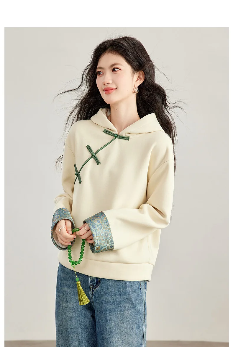 VIMLY New Chinese Style Hooded Sweatshirt Fall Winter Color Contrast Frog Button Fleece Lined Thickened Pullover Ladies A7683