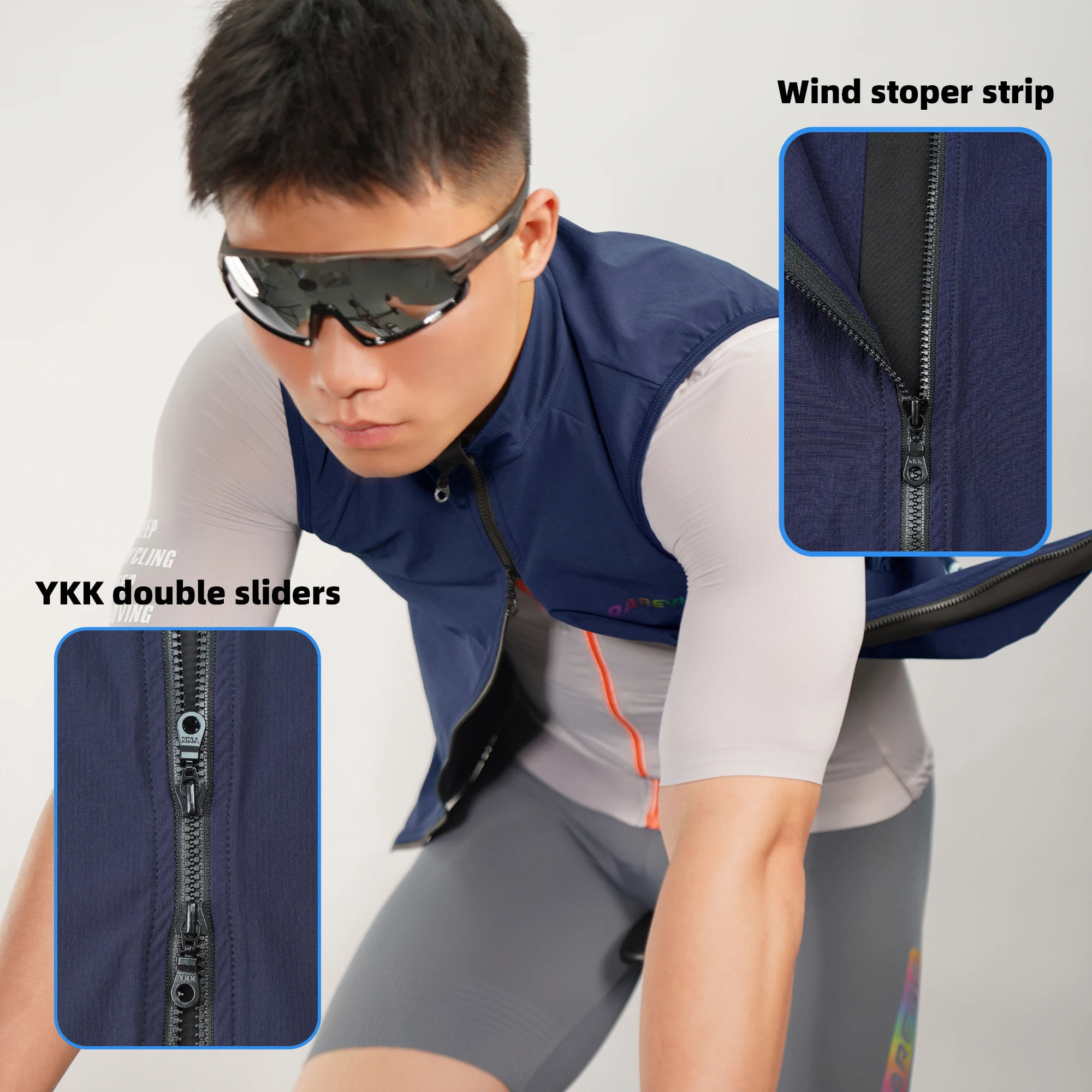 DAREVIE Cycling Vest Windproof Cycling Wind Gilet Waterproof 2 Way Zippers Cycling Windbreaker Back Zipper Pockets Men Women