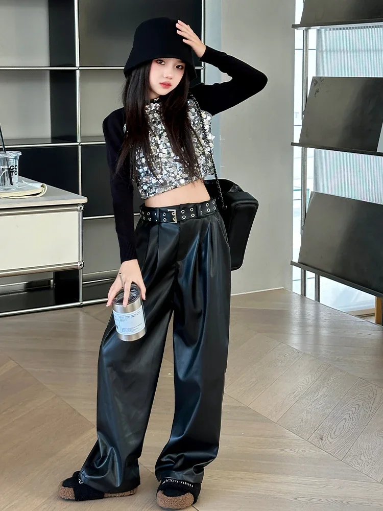 Hip Hop Girls K-pop Sequin Crop Top Shiny PU Leather Pants Street Dance Costumes Kids Streetwear Children Jazz Stage Clothes Set