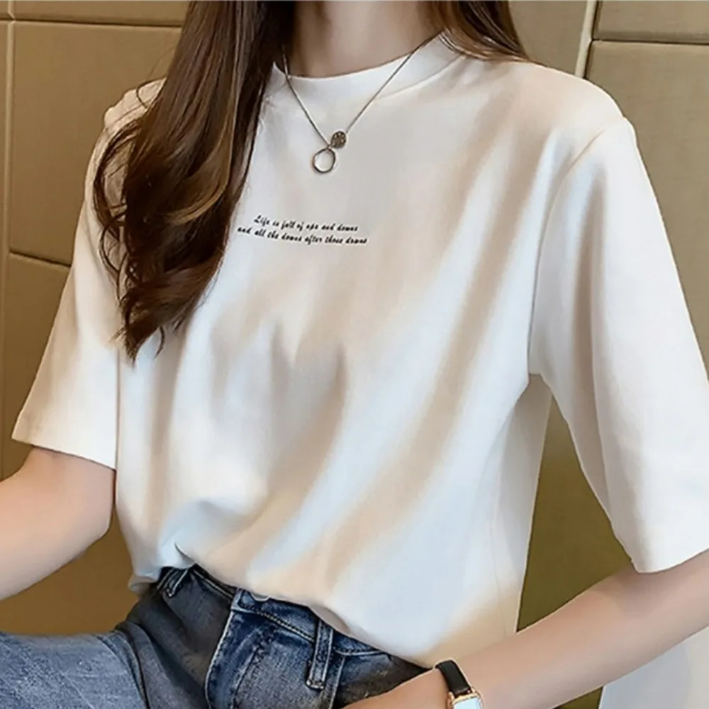 Ladies Top Half Sleeve Round Neck T Women's Clothing Summer Printed Pure Cotton T-shirt Women Short Sleeve All Fashion Loose