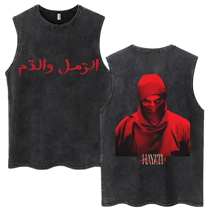 

Rapper Niro Hayati Album Vintage Washed Tank Tops Men's Hip Hop Fashion Gothic T-shirts Loose Cotton Sleeveless Tees Streetwear