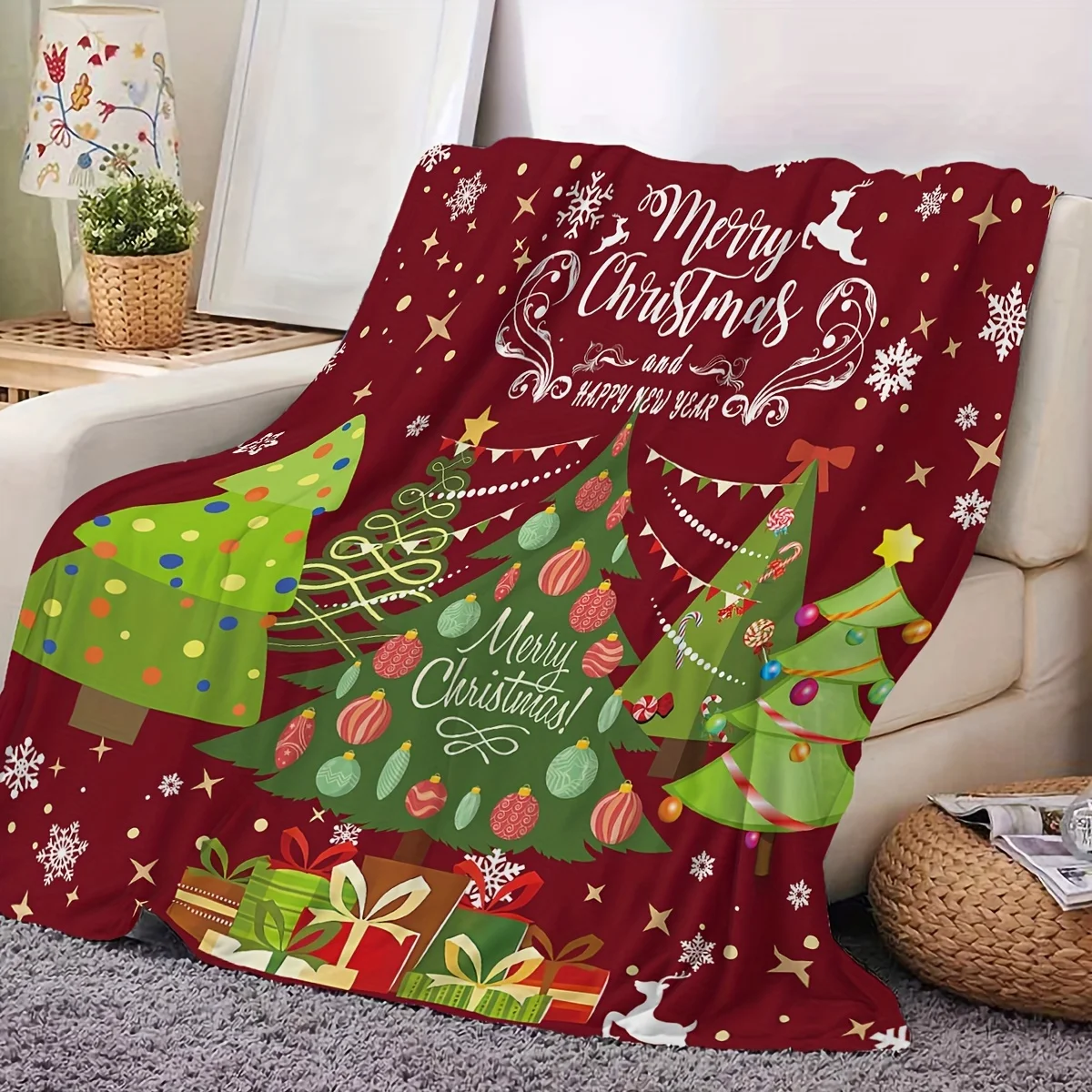 1pc Festive Christmas Tree & Ornament Print Flannel Throw Blanket - Cozy, Soft Warm Fleece Shawl for Sofa, Bed, Office, Travel,
