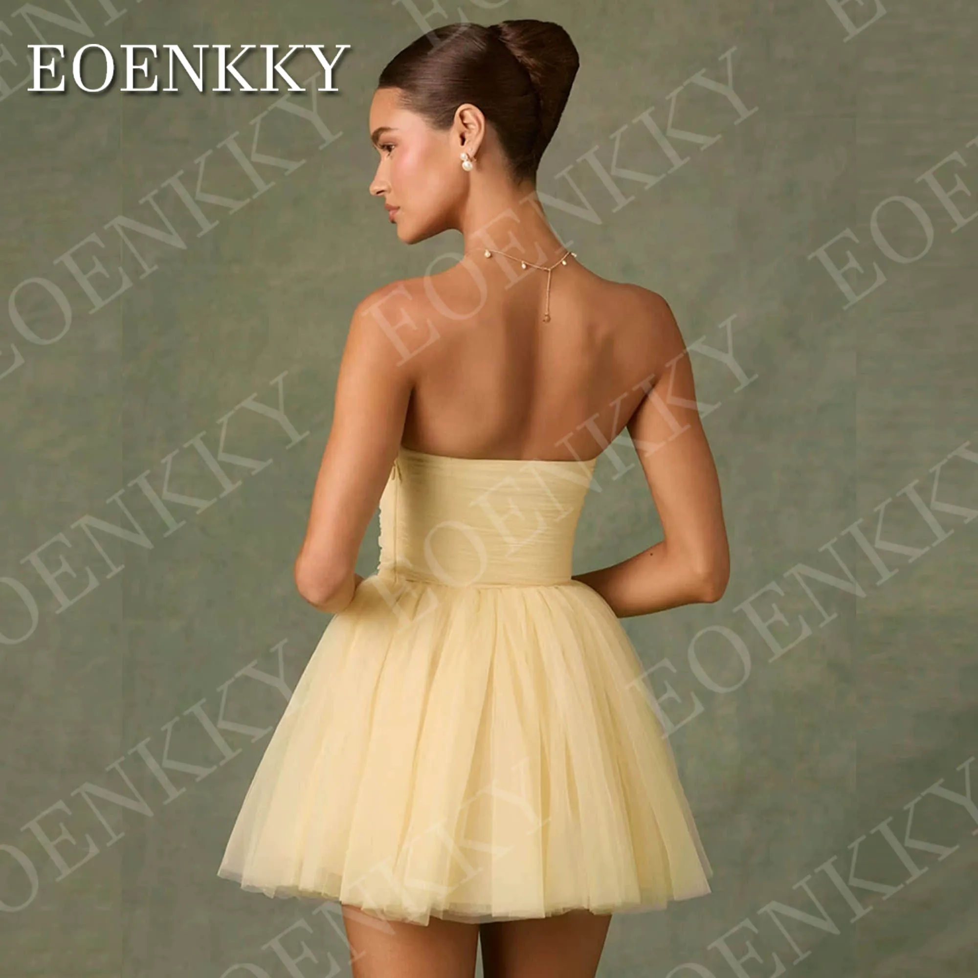 EOENKKY A Line ชุดราตรีสั้นคอหวานสีเหลืองทูเล่ปาร์ตี้มินิค็อกเทลชุดที่กำหนดเอง платье на выпускной