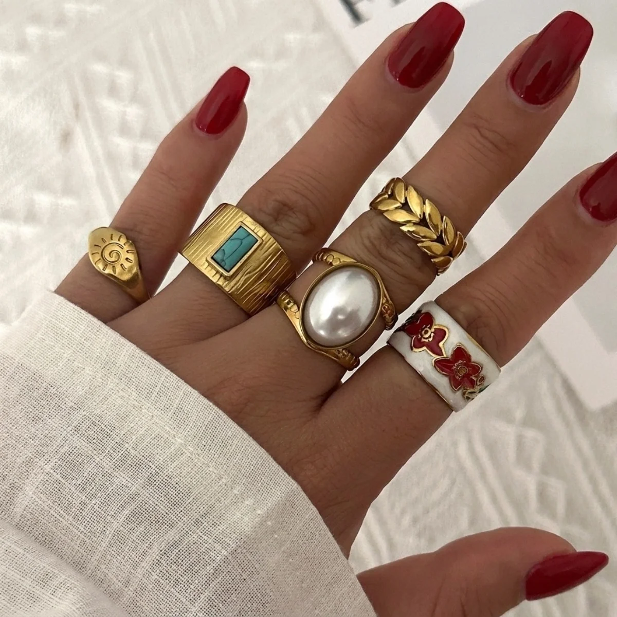 Edelstahl-Sonnen-Emaille-Blumen-Weizenblatt-Simulationsperlenringe für Damen und Herren, trendige, retro-inspirierte, geometrische Breitbandringe, Schmuck – Detail 7