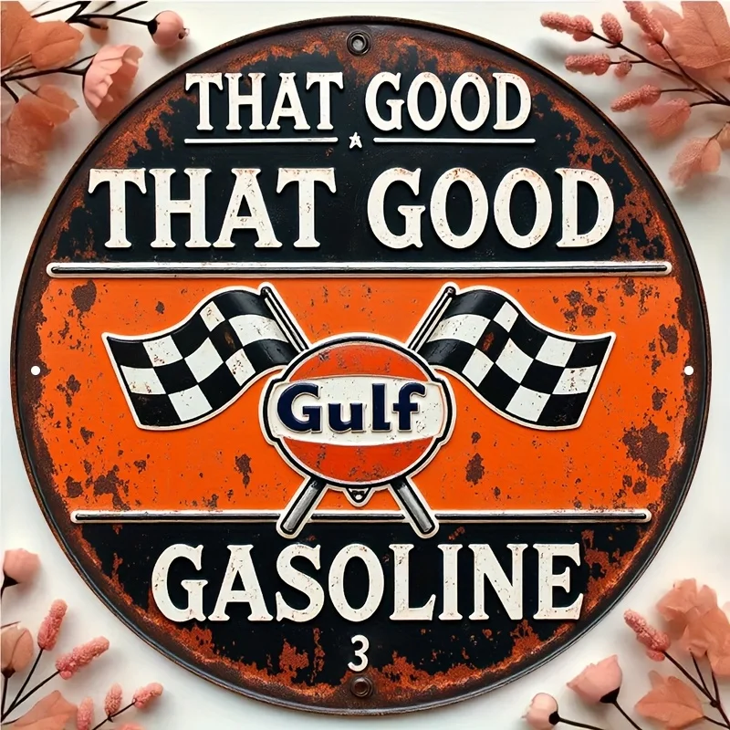 مسطح ثنائي الأبعاد، [مسطح] قطعة واحدة من لافتة معدنية عتيقة تعمل بالبنزين الخليجي - 20.32 × 20.32 سم ديكور حائط من الألومنيوم مع تصميم سباق، مثالي