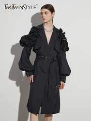 TWOTWINSTYLE Solid Spliced Belt Elegant Trenches For Women Lapel Long Sleeve Casual Temperament Trench Female Fashion New 2023