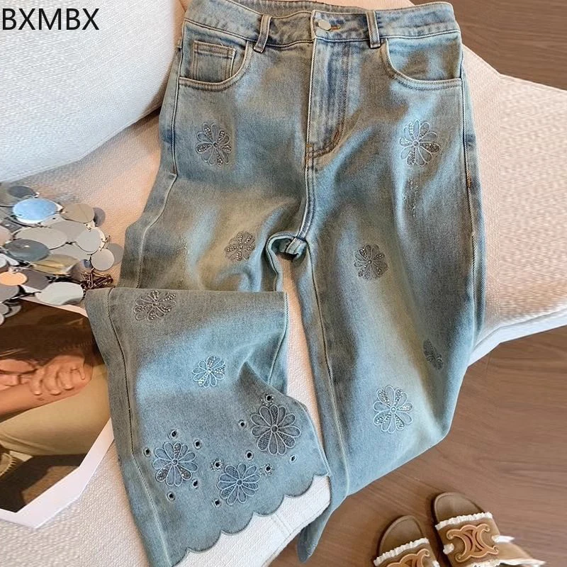 

Blue hot diamond embroidered flower hollow straight jeans women's summer retro loose nine-point pants wide-leg pants