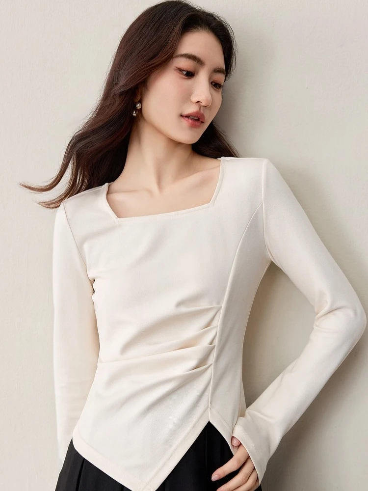 

SENTUBILA женская трикотажная футболка для похудения с квадратным вырезом, осень 2022, минималистичный пригородный топ с длинными рукавами и неровным подолом 153TA2706