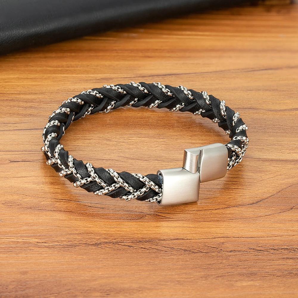 XQNI Woven Leather Bracelet Rope Wrap Special Style Classic Stainless Steel Men\'s Leather Magnetic Clasp Charm Bangles Gift