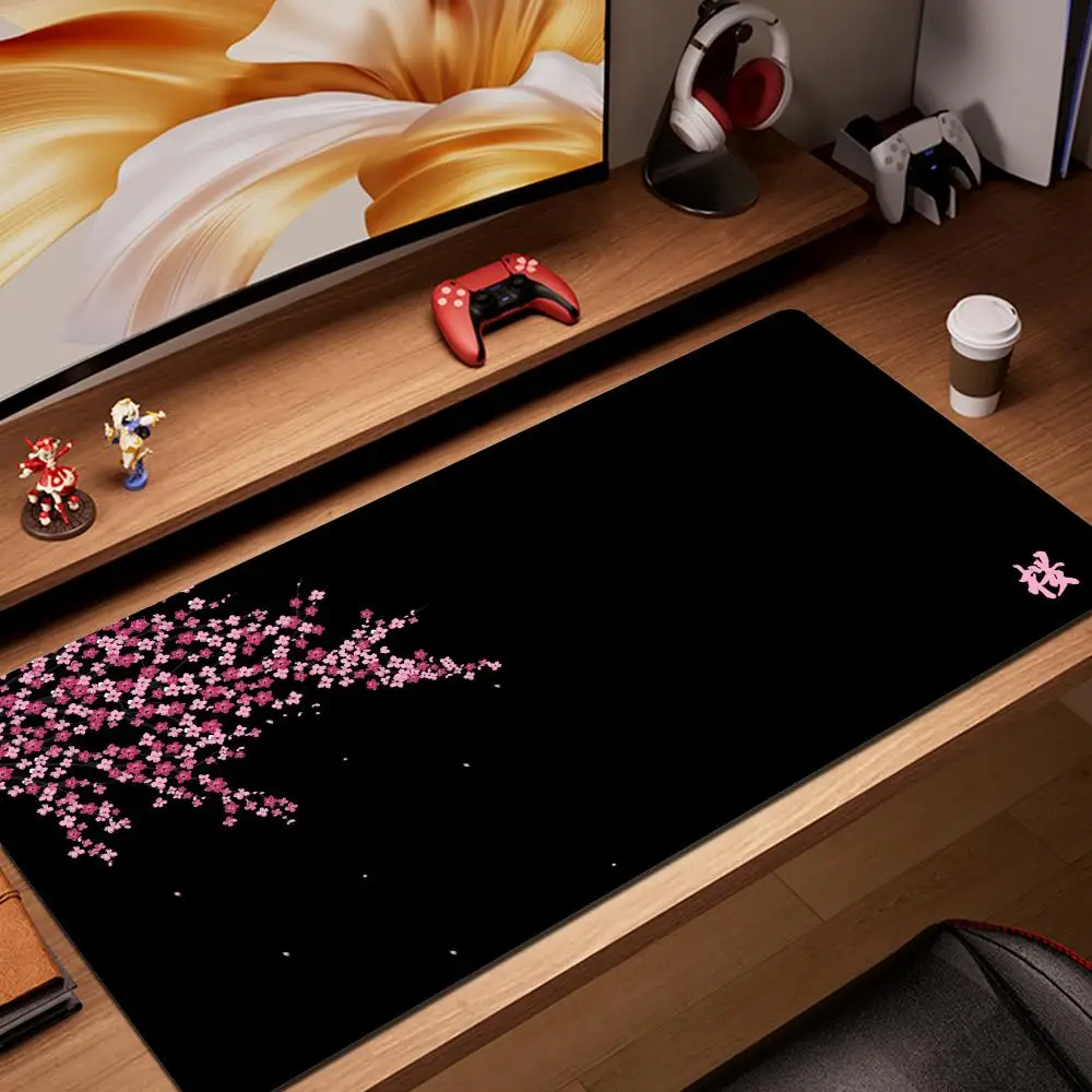 

Hot Kawaii Pink Flower Desk Mat Black Sakura Gaming Mouse Pad Office Carpet HD Printing 900x400mm Mousepad Gamer Computer Mat