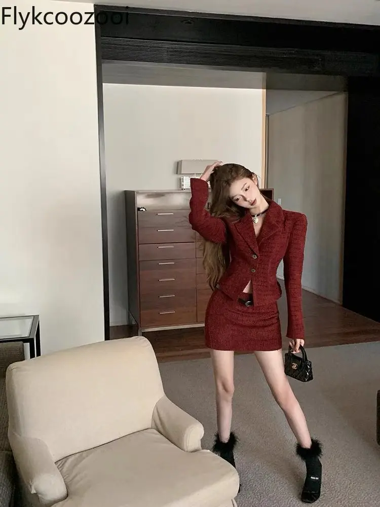 Red Waist Slimming Short Suit Jacket Temperament High-grade Skirt Women Autumn and Winter High Fanny Two-piece Set