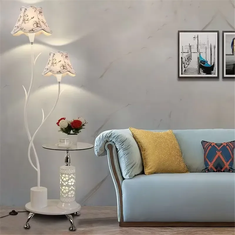 Elegant Floral Fabric Floor Lamp with Desk Light 2 Holders Modern Vertical Standing Lamp for Living Room Bedroom Corner Home
