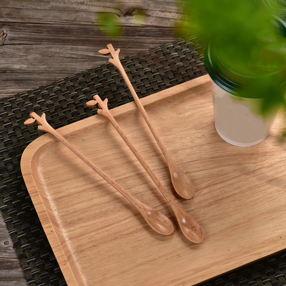 

4pcs Wood Coffee Spoons Long Handle Mixing Spoon for Beverage Tea Cocktail Kitchen Home Spoons Wooden Branch Smooth Practical