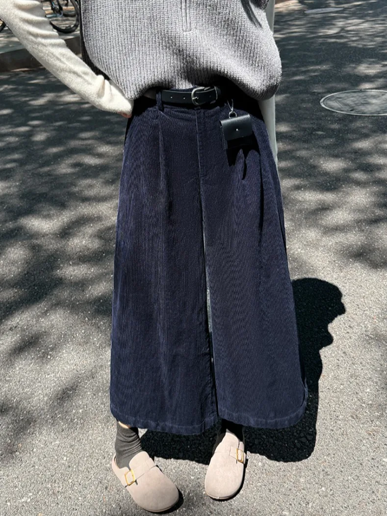 세 브라운 레트로 코듀로이 와이드 레그 팬츠 여성용 하이웨이스트 엘라스틱 가을 겨울 슬림핏 팬츠