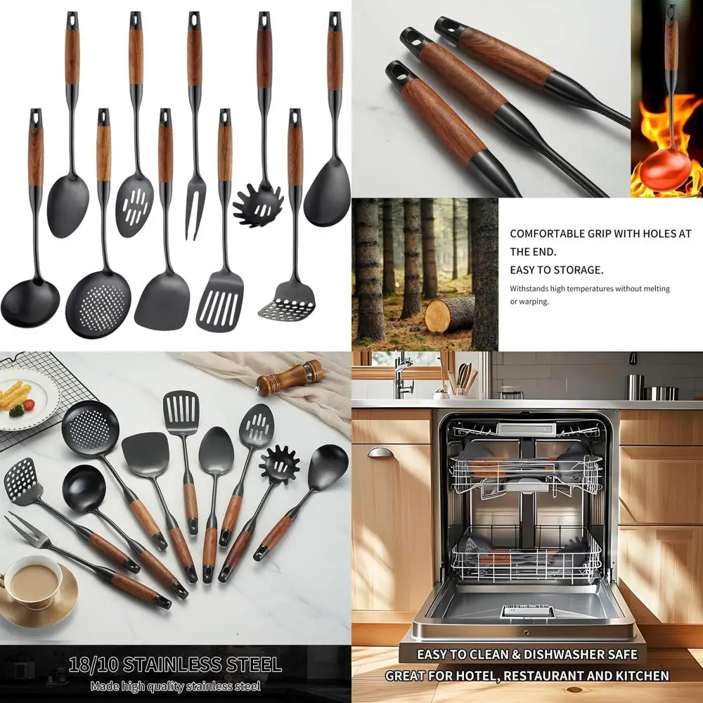 

10-Piece Stainless Steel Kitchen Tool Set with Wooden Handles: Spatula, Spoon, Ladle, Skimmer, Turners, Pasta Fork
