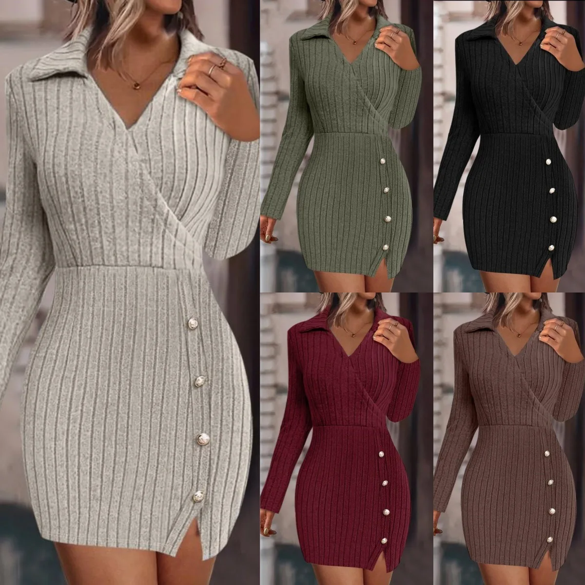 New women's autumn and winter fashionable temperament solid color V-neck tight fitting hip hugging long sleeved dress for women