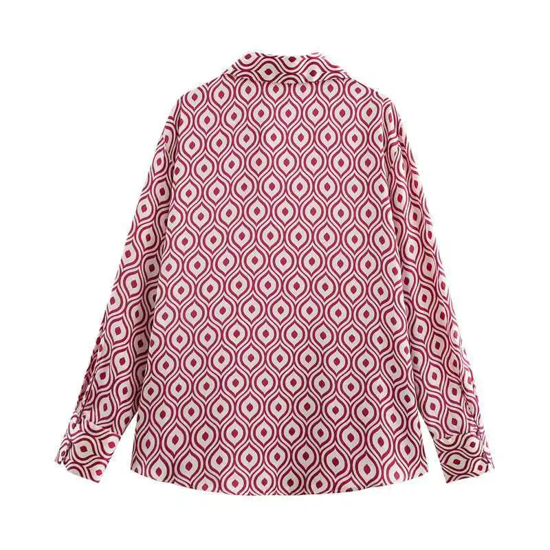 Silk Satin Fashionable Casual Print Long Sleeve Women's Shirt Spring Summer Quality Polyester Fabric Geometric Pattern V-neck
