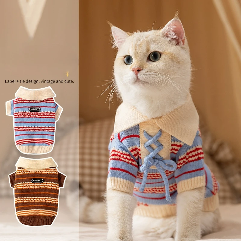 Autumn Winter Pet Sweater Vintage Lapel Colorful Striped Knitwear Warm Outdoor Clothes For Small Dogs Cats