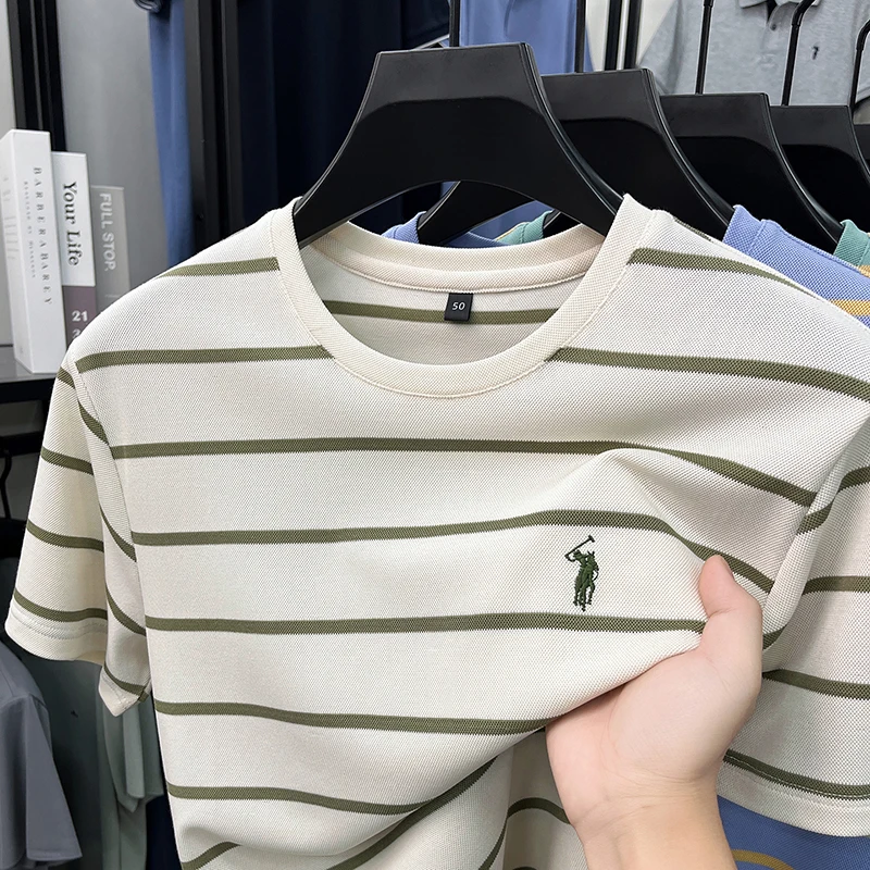 Luxury High-end Striped Short Sleeved Men's T-shirt 2026 Summer New Embroidered Loose Round Neck Short Sleeved Men's T-shirt