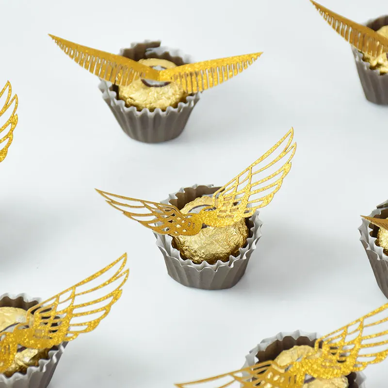 50Pcs Wings Chocolate Cake Party Gold Decoration Wizard Topper Golden Wing Cupcake Toppers Snitch Wedding Decoration Supplies