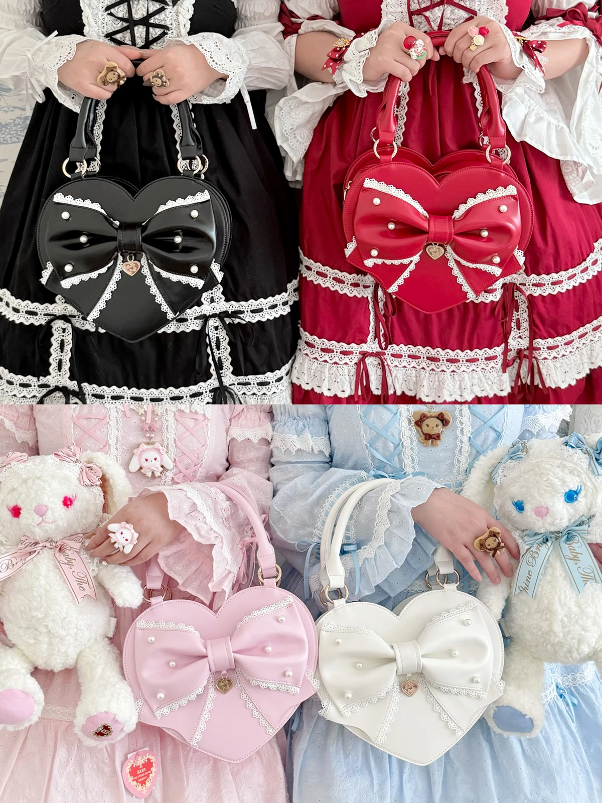 الفتاة الأميرة الحلو لوليتا شكل قلب حقيبة يد 2025 امرأة جديدة حلوة أنيقة القوس الكبير حقائب كروسبودي دمية يشعر حقيبة كتف