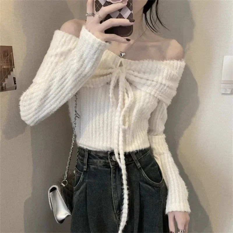 Slash Neck Sweaters Women Off Shoulder Spring Autumn Lace-up Cropped Aesthetic Hotsweet Stretchy Slim Japanese Style Classic