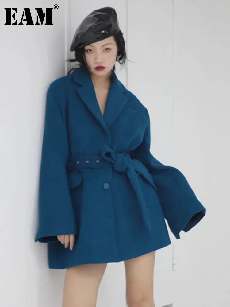 [EAM] Blue Belted Big Size Elegant Woolen Coat New Lapel Long Sleeve Women Jacket Fashion Tide Autumn Winter 2024 1DH7224