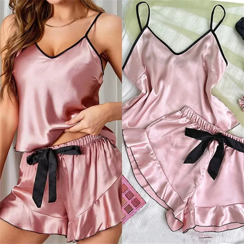 V-Neck T-Shirt Ruffled Edges And Bow Shorts Simple And Breathable Pajama Set Sling Home ClothingWomen's Smooth Satin Pajamas