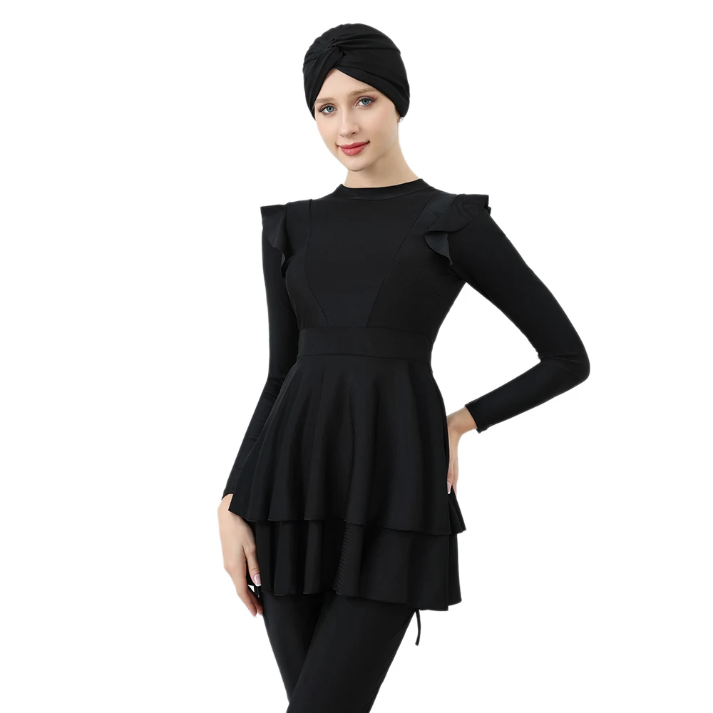 Black Ruffled Sleeve Swimsuit for Muslim Women, Slim Fit Swimwear, Beach Wear with Cap, New Burkini, S-4XL, M002, 3Pcs