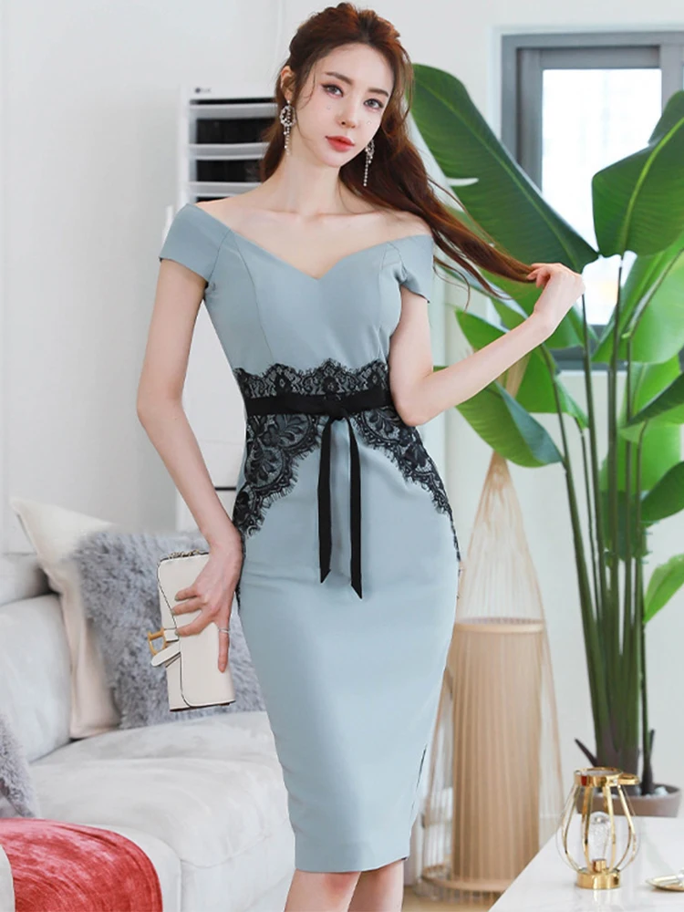 

New Fashion Elegant Midi Party Dress for Women Sexy Lace Patchwork Bow Low Cut Slit Bodycon Robe Femme Party Prom Vestidos Mujer