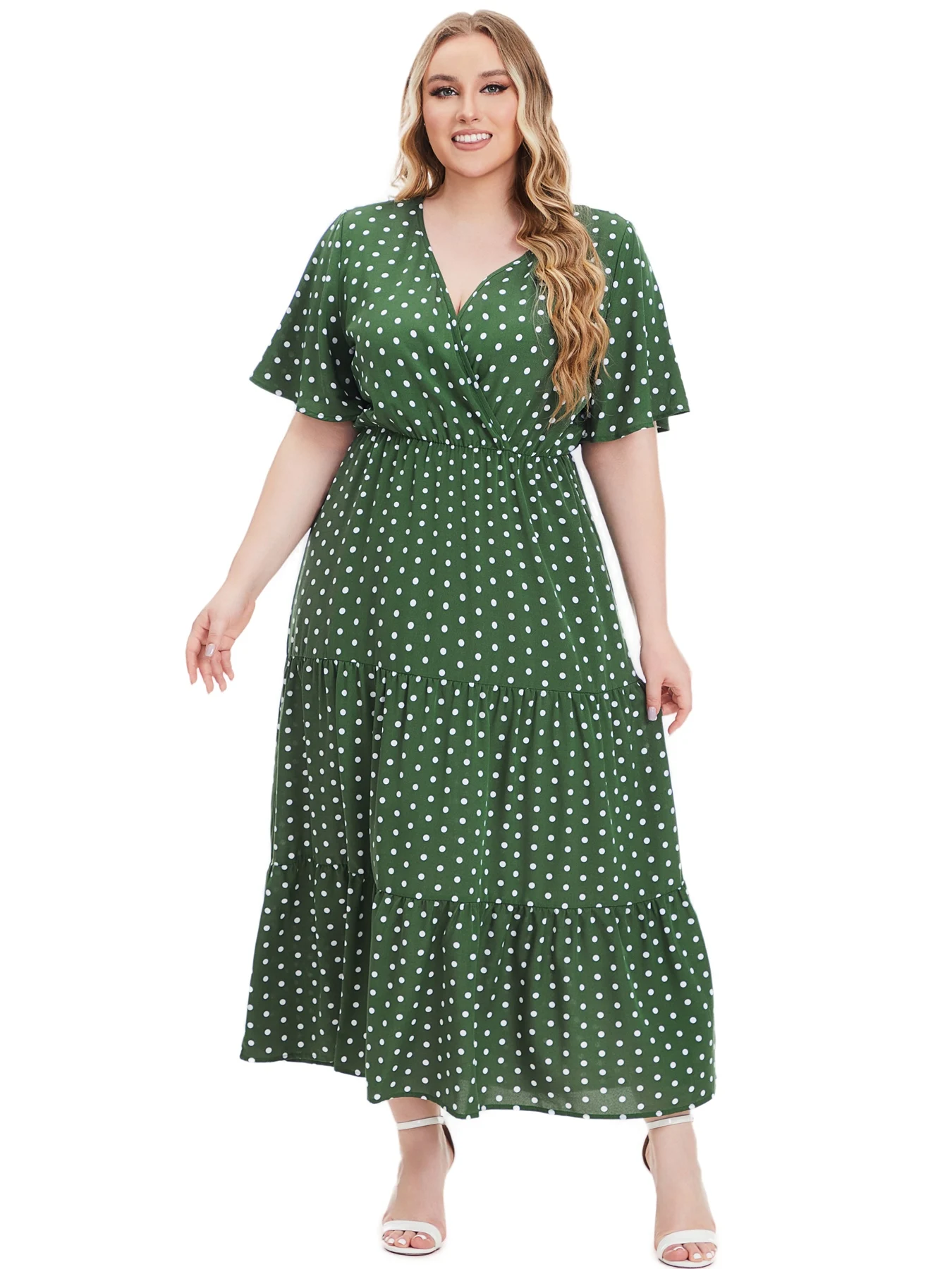 Plus Size New Arrival Fashional Polka nadruk w kropki V dekolt z krótkim rękawem artystyczne swobodne sukienki dla dużych kobiet