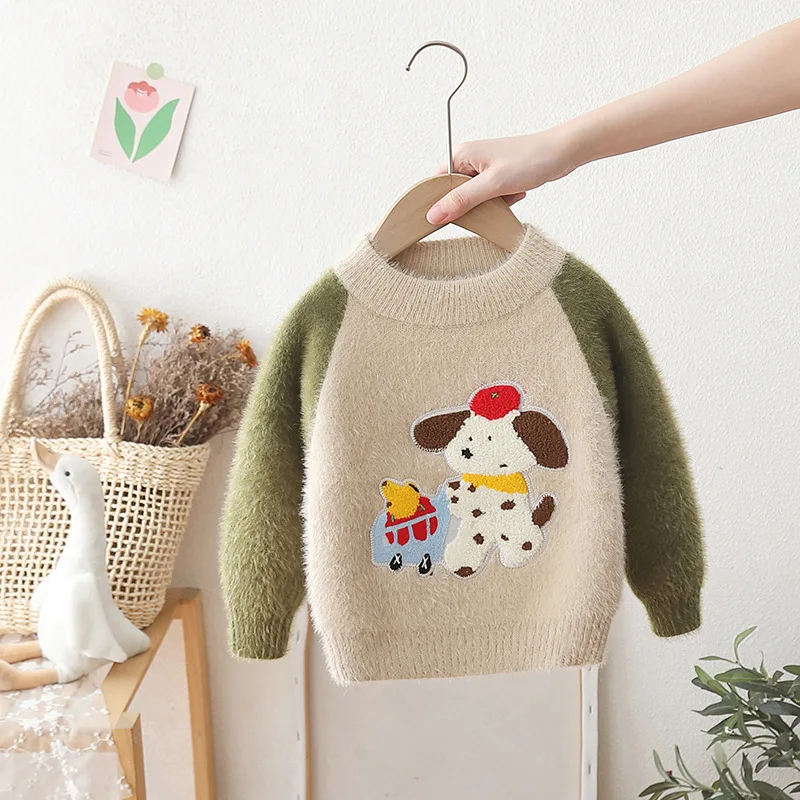 Winter Sweater Bring Heat with Furry Looks Boys Girls New Pullover Cartoon Dog Flocking Children Clothes Cotton Sweaters IY08111