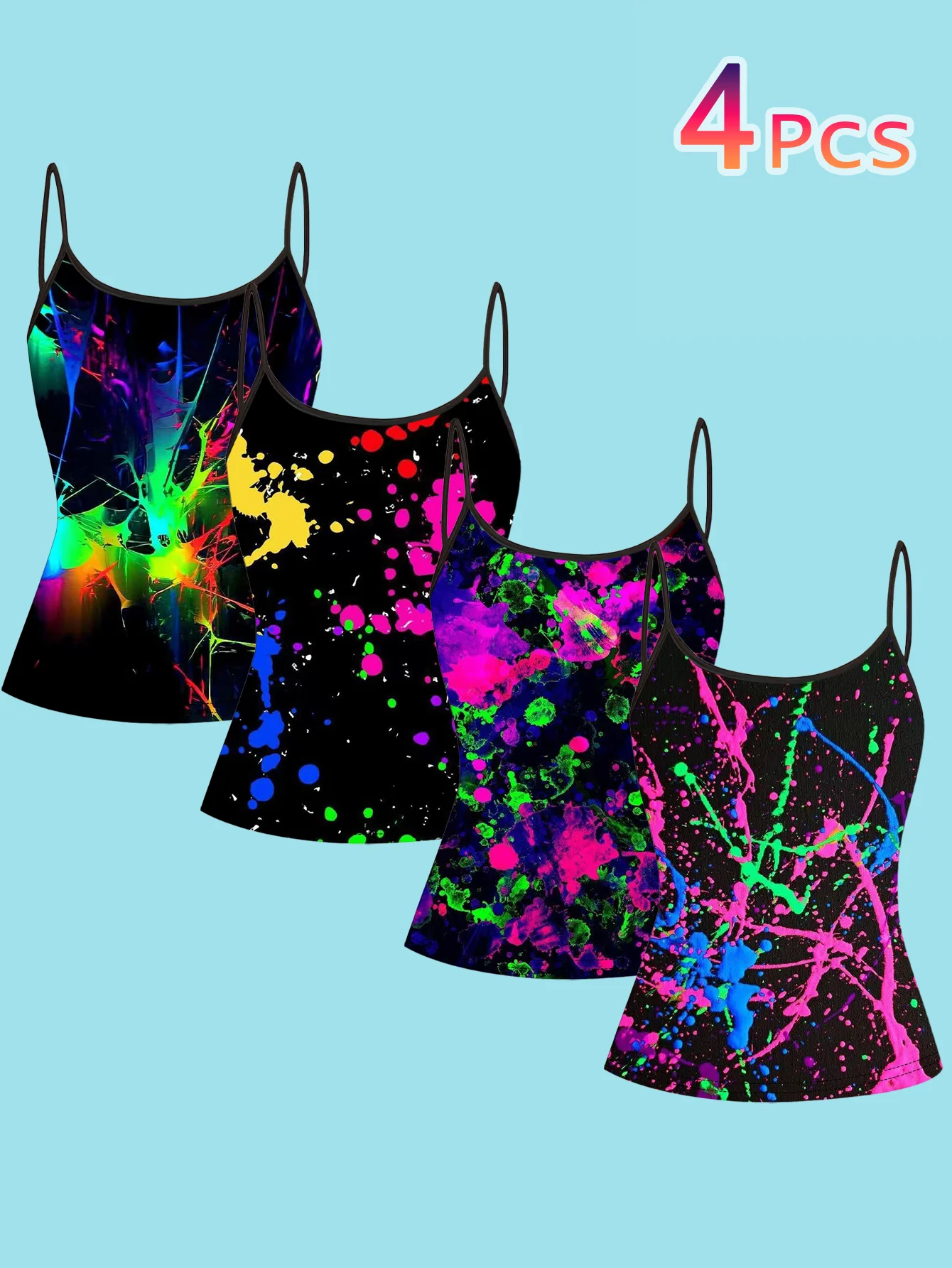 4-Piece Set of Women's Spaghetti Strap Camisoles with Black Base and Fluorescent Paint Splatter Graffiti Art Print, Slim Fit Sleeveless Tops
