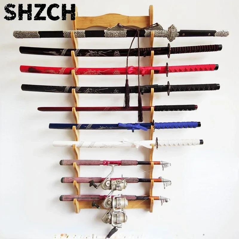 Bamboo Sword Storage Wall Hanging Rack Flute Shelf Multilayer Wood Rack for Martial Arts Equipment Organizer