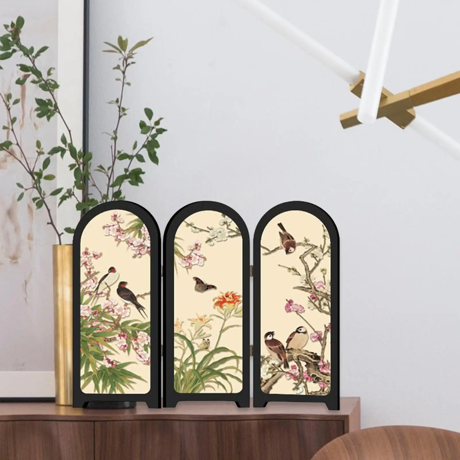 Mini Foldable Screen Decorative Room Partition Desk Ornament Classic Flower Bird Painting for Luxury Home Decoration