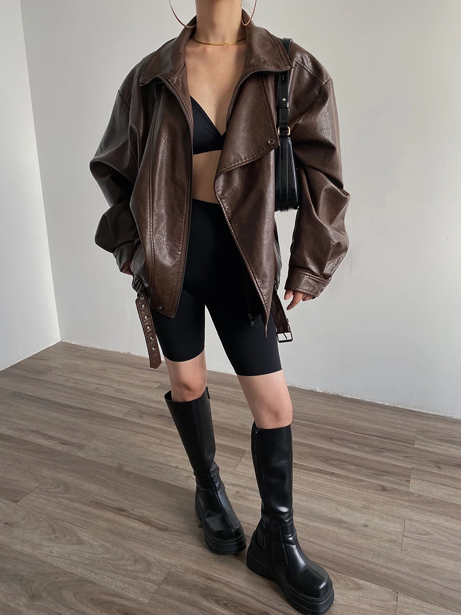 Acupstudio jiangyou superior americano retro gola dupla grande marca de couro jaet feminino solto outerwear outono high-end sentir