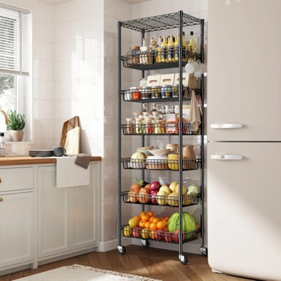 

7-ярусный металлический стеллаж на колесиках, 72 дюйма, регулируемые корзины-полки с крючками для кухни, ванной, гаража, кладовой
