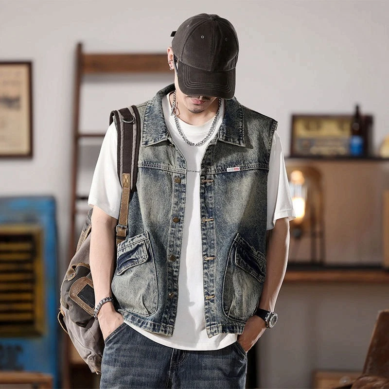 

Lightweight Summer Denim Vest for Men Retro American Style Multi Pocket Welding Jacket for Casual Workwear​