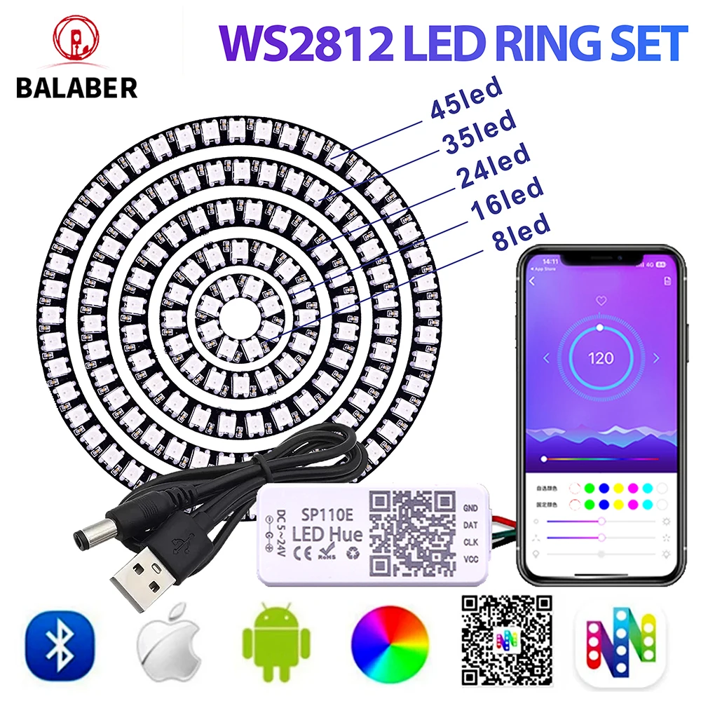 شريط حلقة LED WS2812 USB DC5V RGB 8/16/24/35/45/128LEDs/m حلقة LED قابلة للعنونة بشكل فردي مع التحكم في تطبيق بلوتوث SP110E
