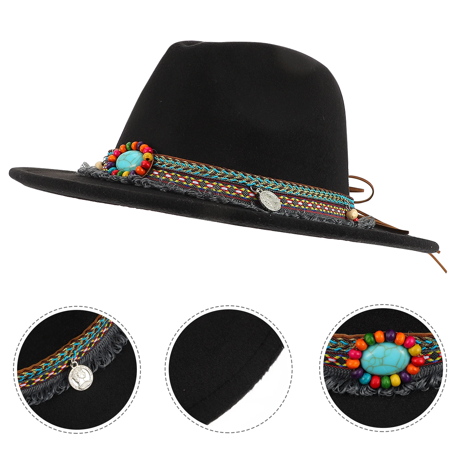 

Retro Woolen Ethnic Style Jazz Hat for Men Women Jazz Fedora Ethnic Style Sun Protection Wide Brim Classical Hat