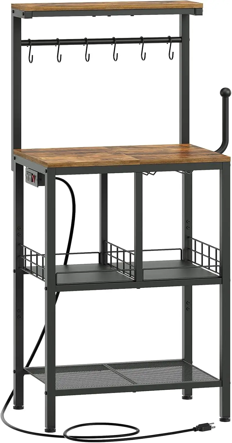 

4-Tier Kitchen Storage Rack with Power Outlet, Microwave Stand, Coffee Bar Station, Wine Glass Holder