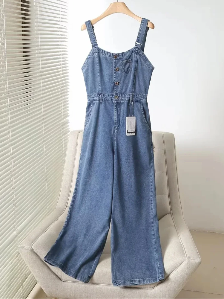

Smooth Pure Color Silk Denim Overalls Women's Wide Leg Pants High Waist Straight Leg No Stretch Ladies Summer Faion