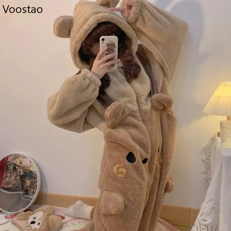 Sweet Bear Ears Hooded Onesies Sleepwear Women Autumn Winter Warm Pajamas Kawaii Nightwear Pyjamas Jumpsuit Female Cute Homewear