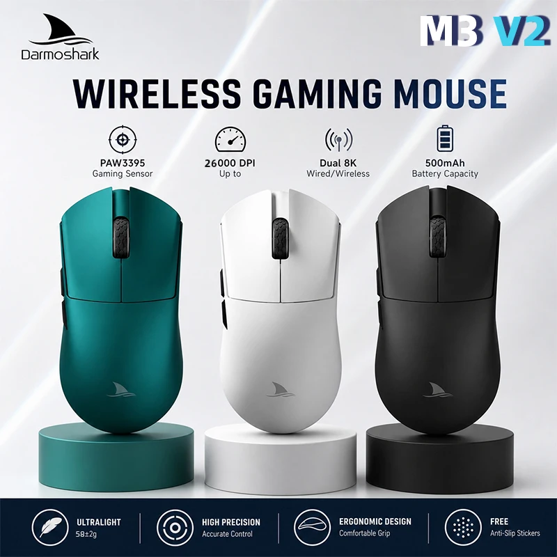 Darmoshark M3V2 Wireless Gaming Mouse PAW3395  Dual 8KHz Wired/Wireless 26000DPI 56g Ultra-Light 500mAh Battery Ergonomic Mice