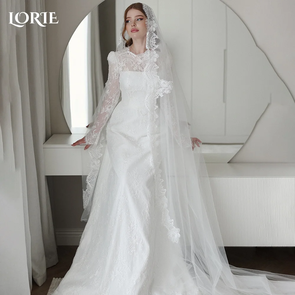 

LORIE Vintage Lace Wedding Dresses High Collar A-Line Puff Long Sleeve Button Bridal Gown Princess Muslim Bride Dress Customized