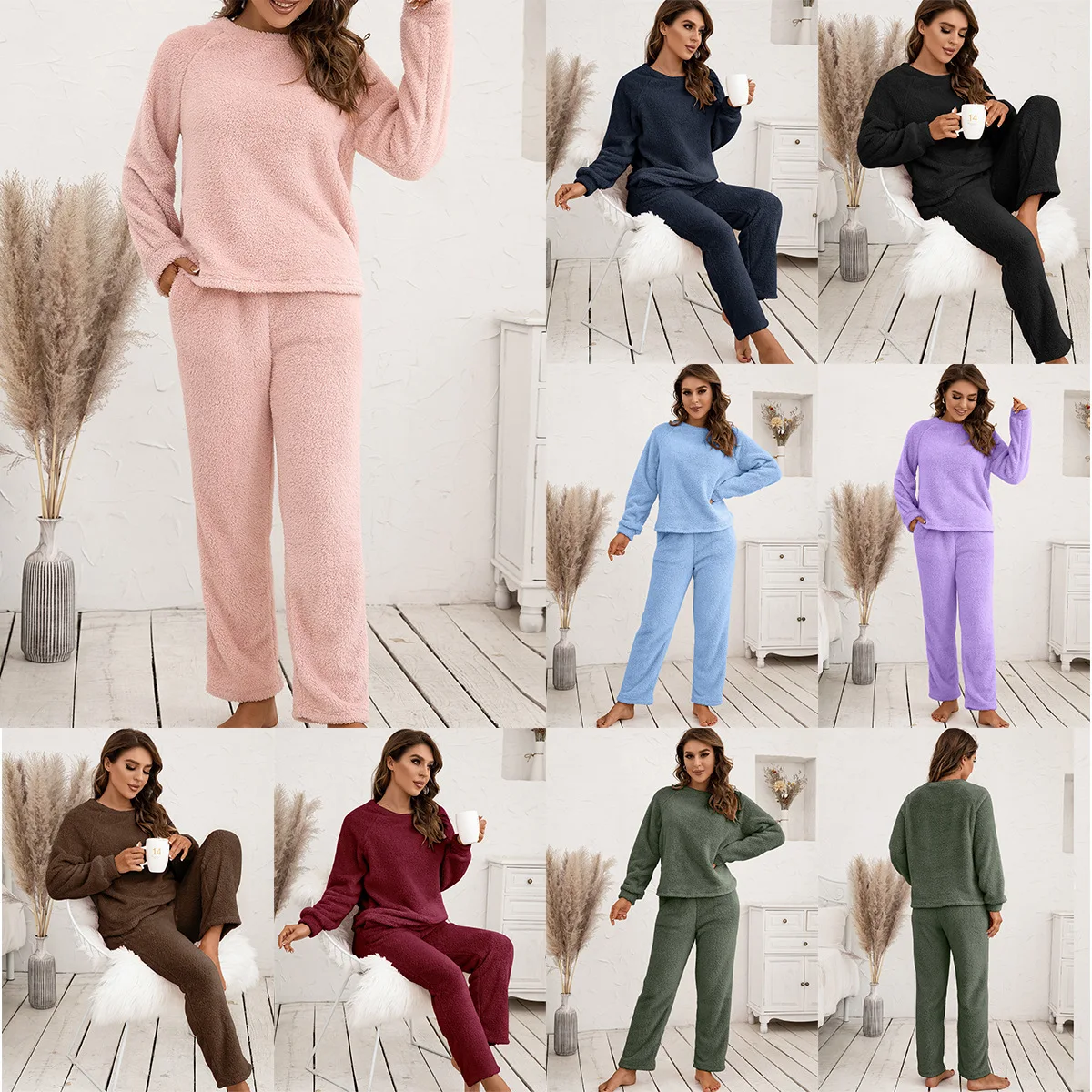 Women Loungewear Set Autumn Winter Fuzzy Casual Tops And Pant Set Pajamas Homewear 2 Pieces Set Women Pajamas Loungewear Set