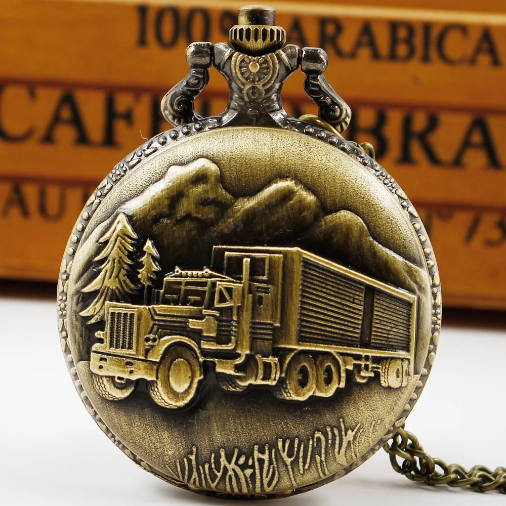 

Hot sale Bronze Retro Big Truck Pocket Watch with Chain Watch for Car Truck Driver Pocket Watches for Men reloj hombre