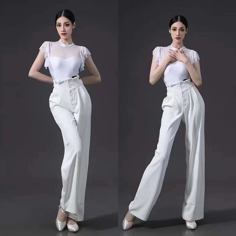 

New Latin Dance Button Pants High Waist Wide Leg Straight Pants Modern Ballroom Dance Costume White Practice Dance Wear VBH521