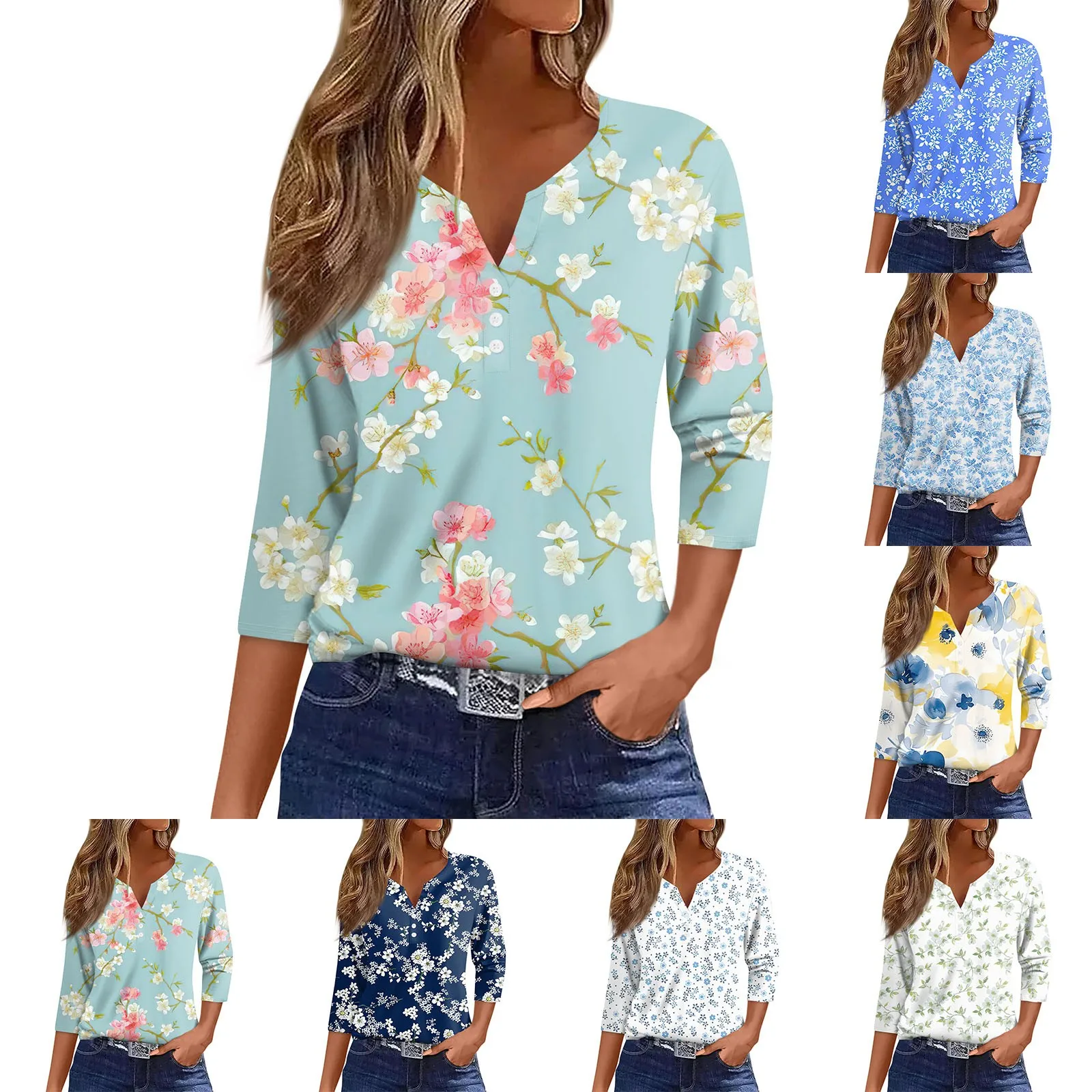 Summer T Shirt Women Flowers Printed Blouse Casual Loose 3/4 Sleeve V Neck Tees 2024 Summer Holiday Tunics Regular Top